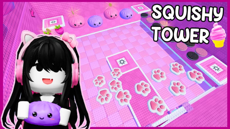 Squishy Tower pink paw floor with dumpling platforms and the player holding a purple squishy
