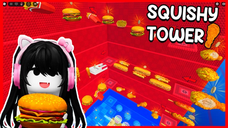 Squishy Tower hamburger and fast-food floor with floating burgers, fries, and climb arrows